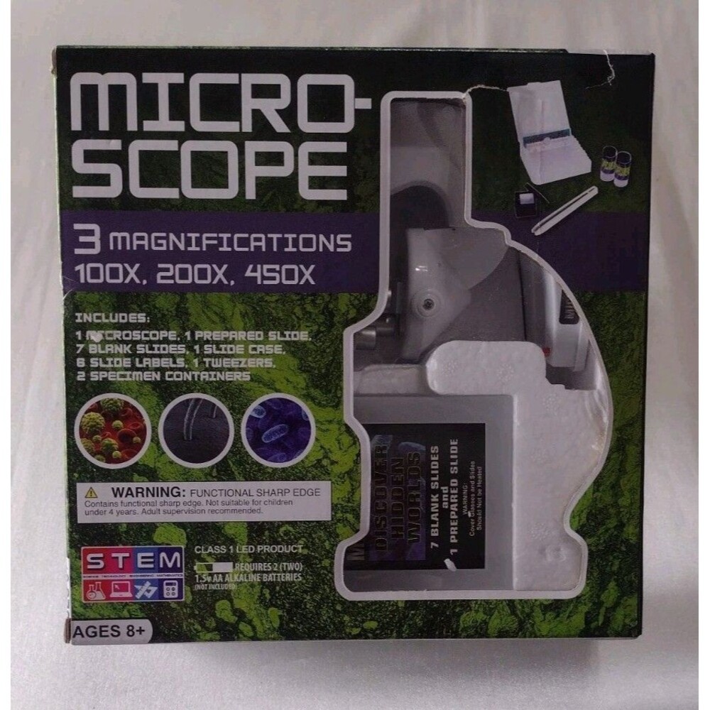 Kids Toy Microscope Stem Science For Ages 8+ 3X Magnification W/ Prepared Slide
